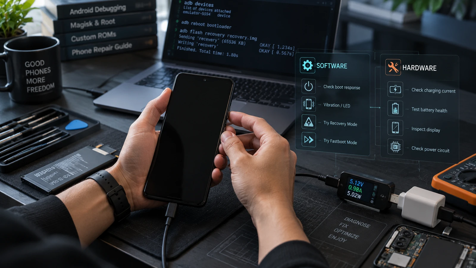 Unresponsive Android phone connected to a charger with a dark screen