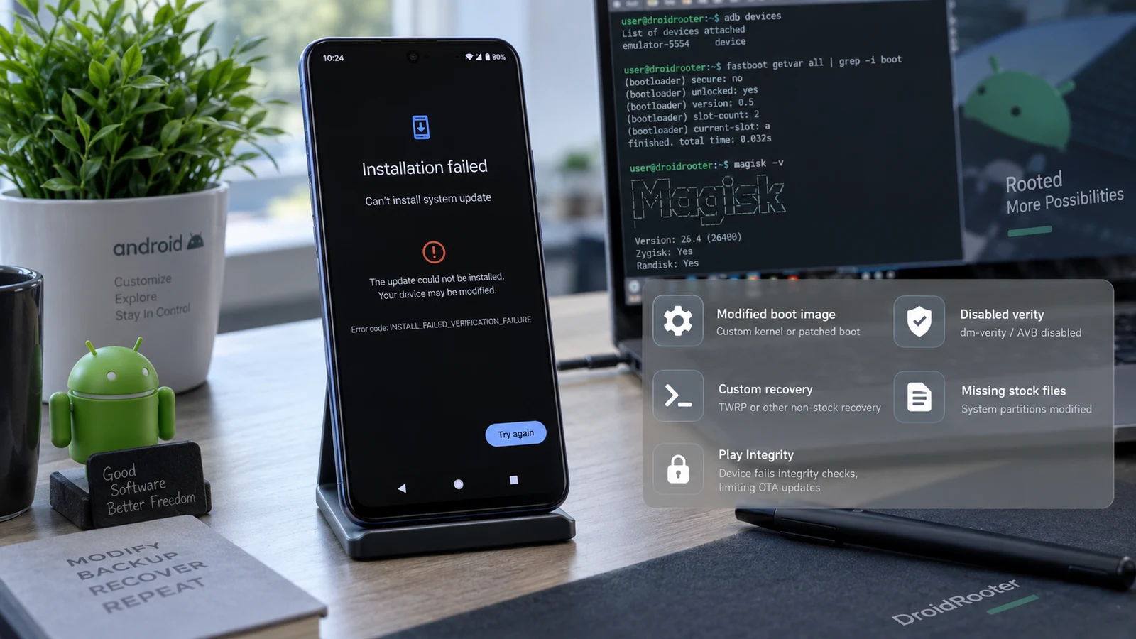 Android system update screen showing a failed installation on a rooted phone