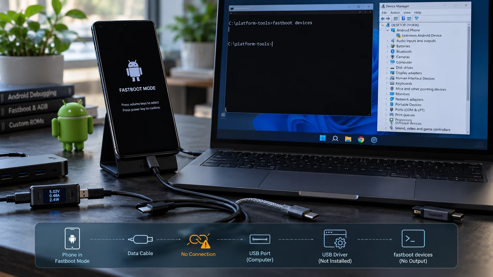 Terminal window showing an empty fastboot devices output next to a phone in bootloader mode