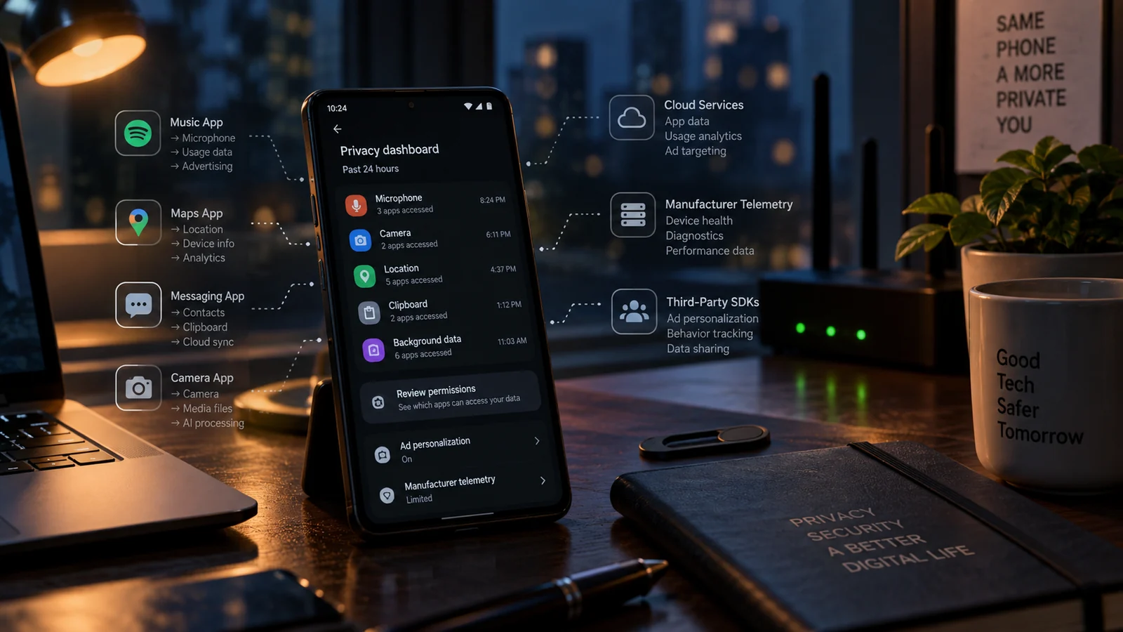 Android phone with privacy settings and permission management screens