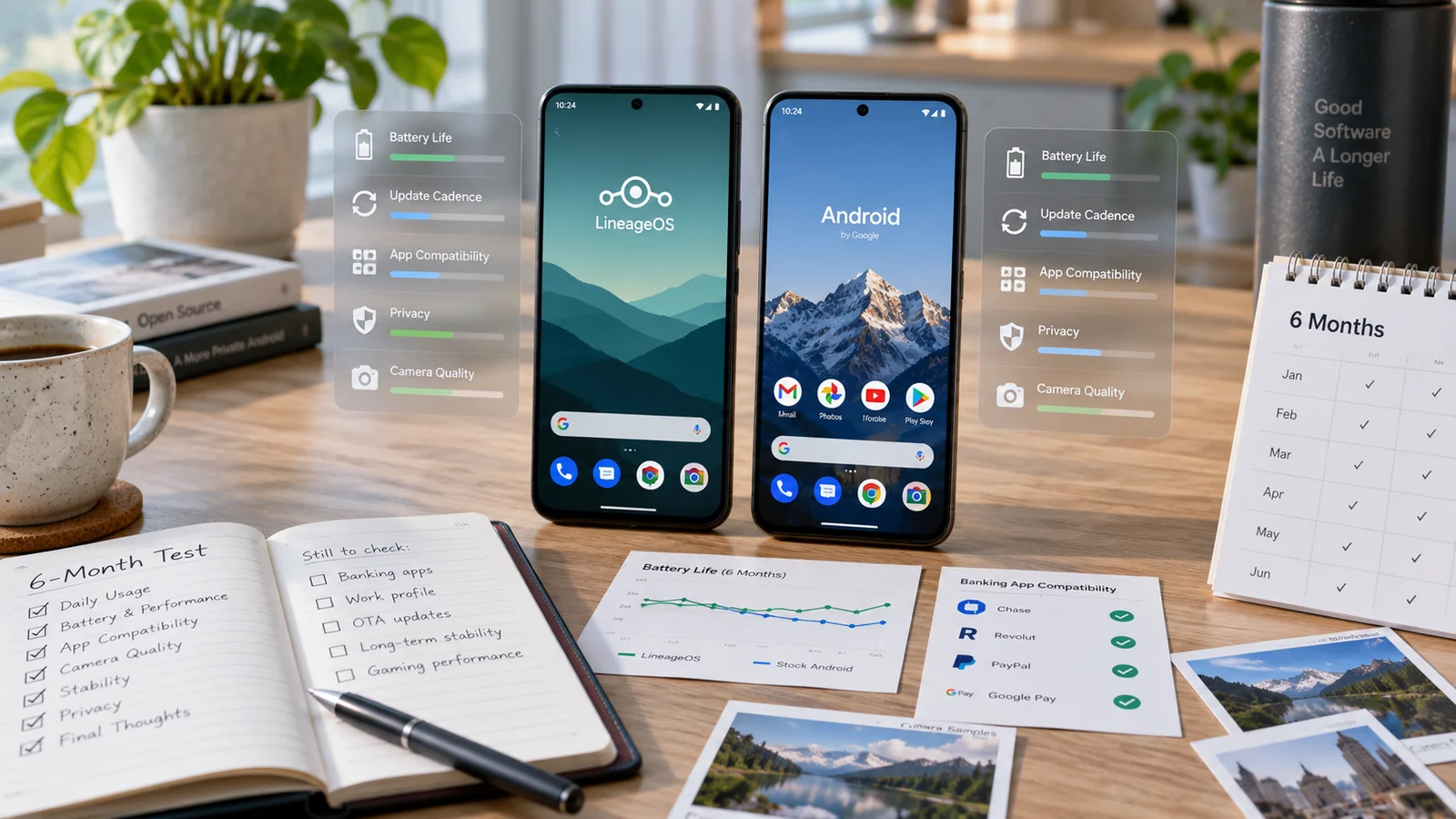 LineageOS running on a Google Pixel device next to stock Android