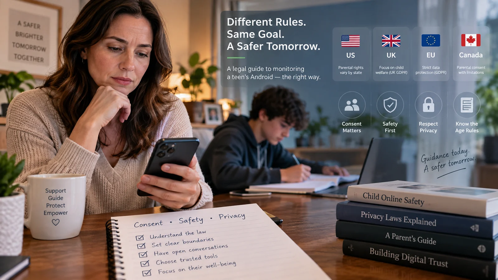 Parent reading Android phone privacy and monitoring consent paperwork