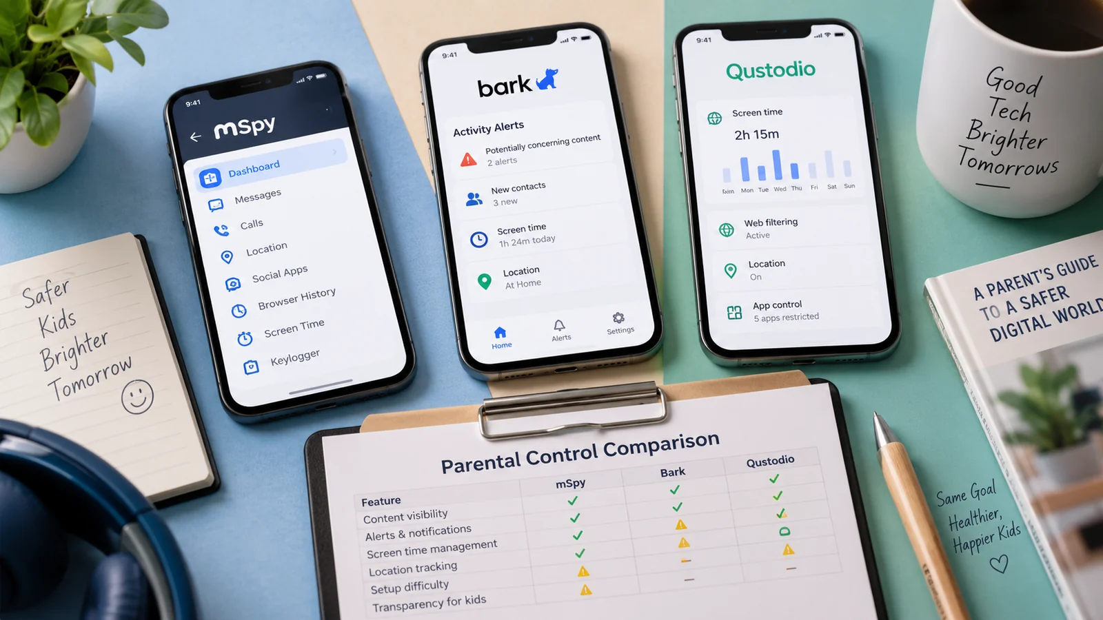 Three parental monitoring app dashboards compared side by side