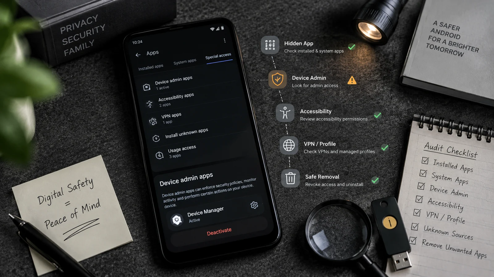 Android settings screen showing accessibility services and device admin apps