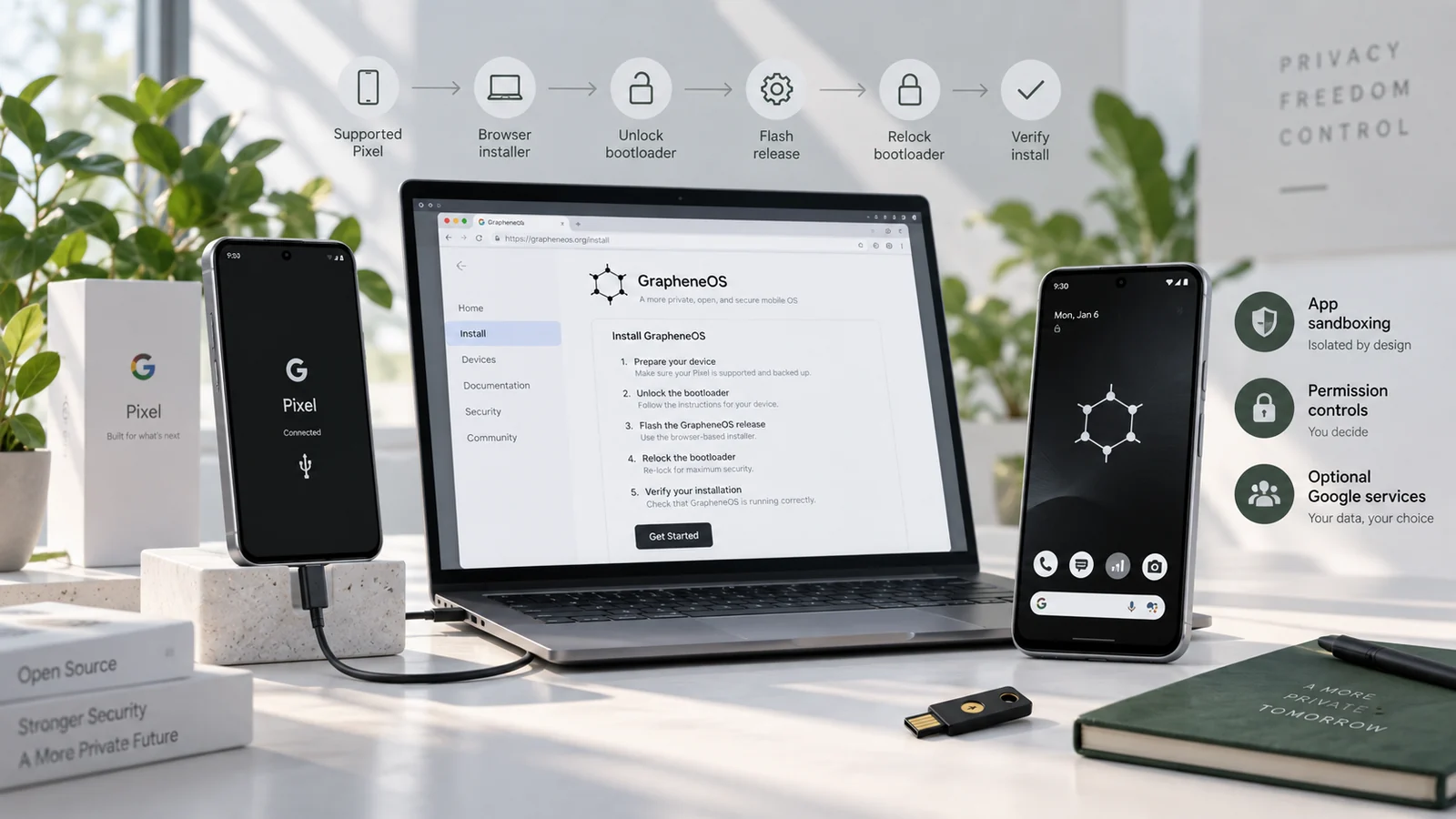 GrapheneOS installation on Google Pixel for privacy-conscious users in 2026