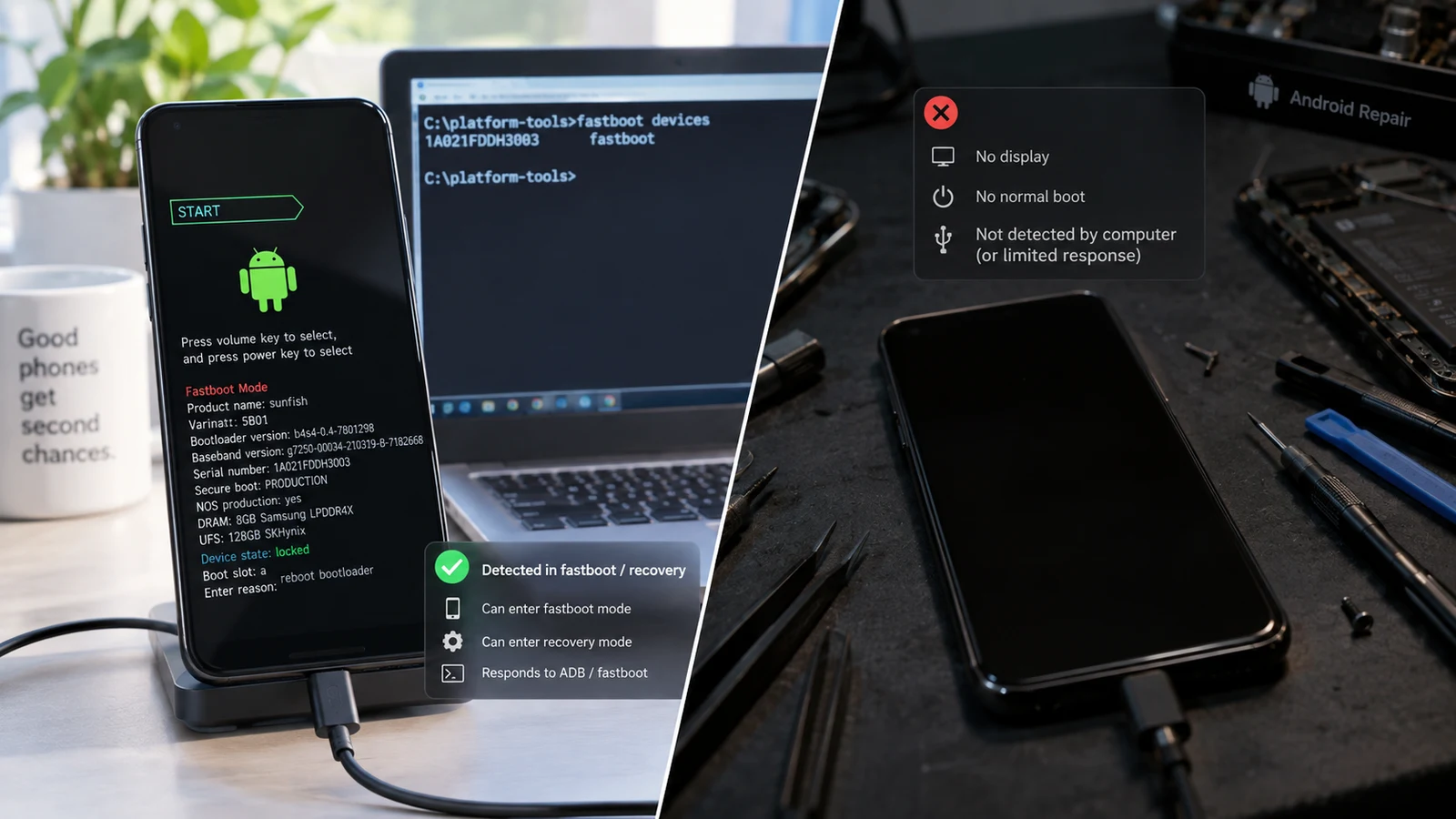 Android phone connected to a laptop by USB during a brick diagnosis