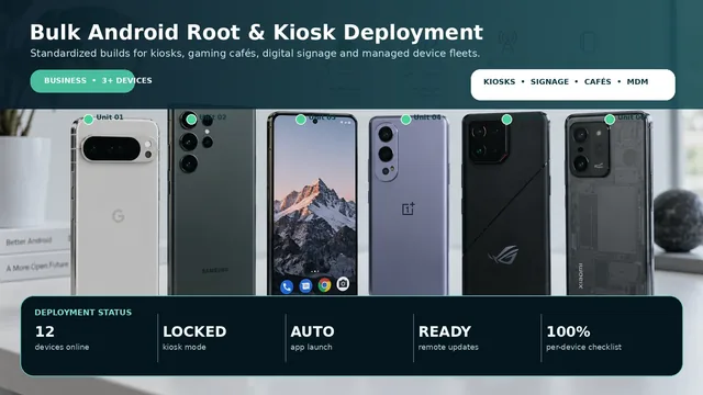 Multiple Android devices in a row configured for business deployment