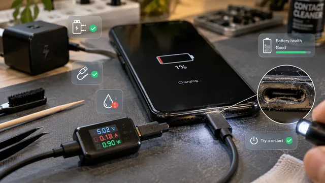 Android phone with charging cable showing no charging indicator