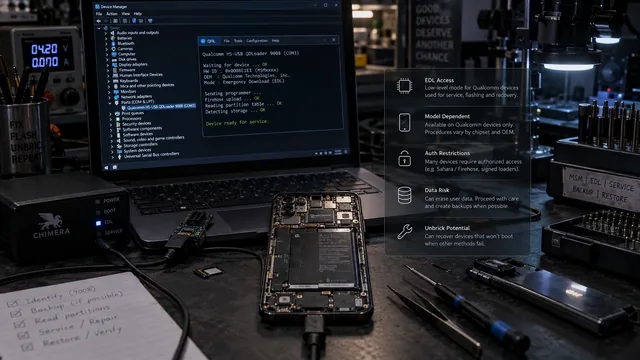 Qualcomm device connected over USB showing a QDLoader interface on a computer