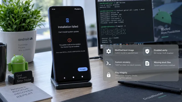 Android system update screen showing a failed installation on a rooted phone