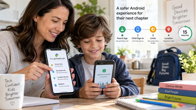 Google Family Link app setup screen on parent and child phones