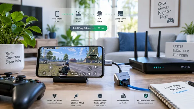 Phone showing low ping in mobile game with WiFi router in background