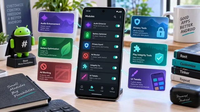 Magisk modules screen on a rooted Android phone showing an installed module list