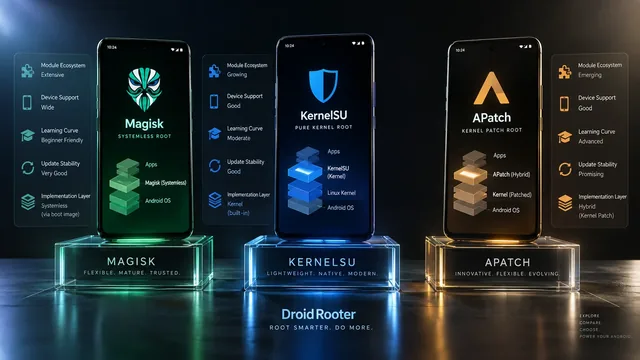 Three Android phones side by side showing Magisk, KernelSU and APatch app icons