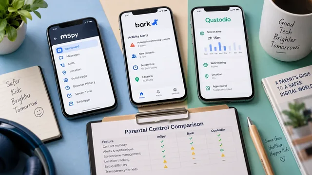Three parental monitoring app dashboards compared side by side