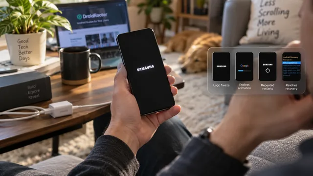 Android phone displaying a frozen boot animation on a dark screen
