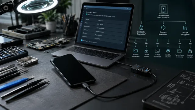 Unresponsive Android phone beside a laptop during a data recovery assessment