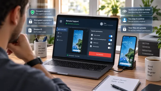 Android phone with shield and lock icons indicating secure remote session