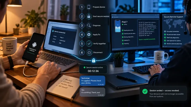 Laptop screen showing a remote Android device session