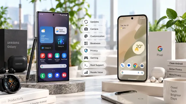 Samsung Galaxy and Google Pixel devices side by side