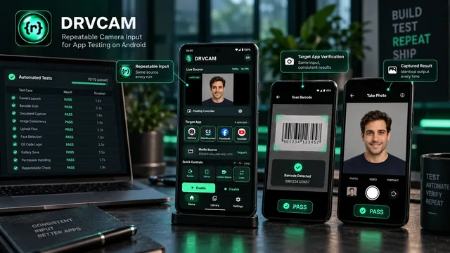 DRVCAM logo with the headline Repeatable camera input for app testing