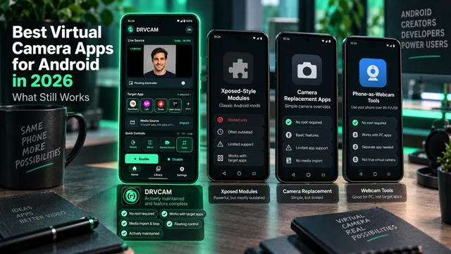 DRVCAM-Logo mit dem Titel „Virtuelle Kamera-Apps für Android 2026“