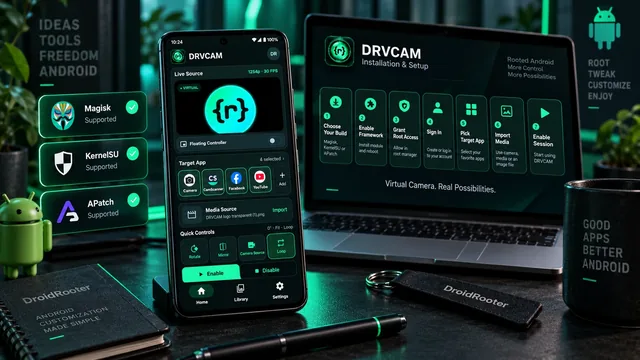 DRVCAM-Logo mit dem Titel „DRVCAM mit Magisk, KernelSU oder APatch installieren“