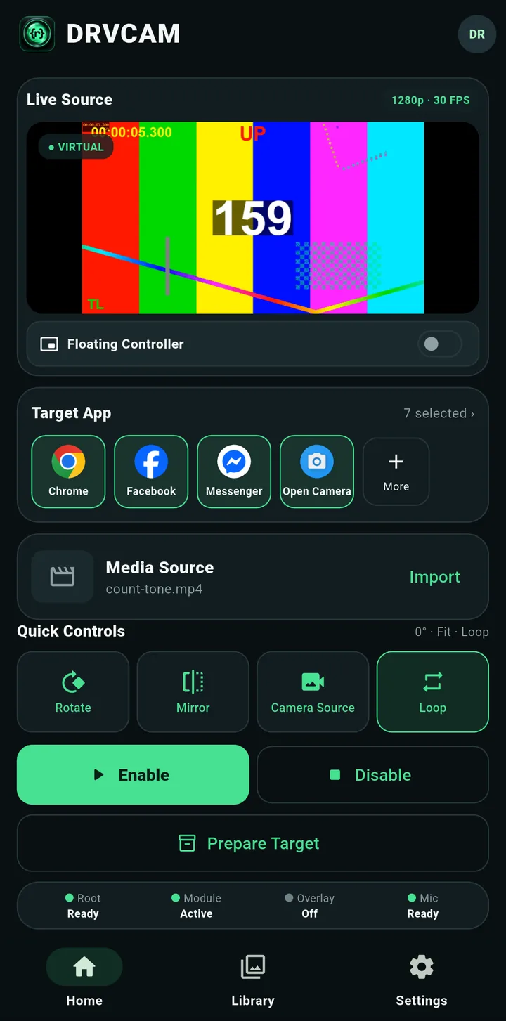 The DRVCAM Home screen with Live Source preview, Floating Controller switch, Target App, Media Source, Quick Controls, Enable and Disable buttons and a status strip