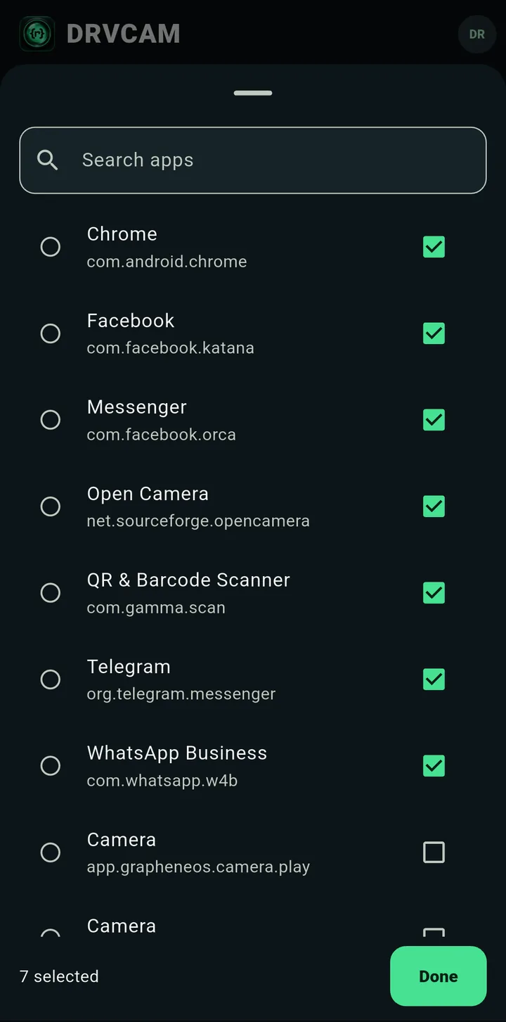 The target picker listing Chrome, Facebook, Messenger, Open Camera, QR and Barcode Scanner, Telegram and WhatsApp Business with checkboxes