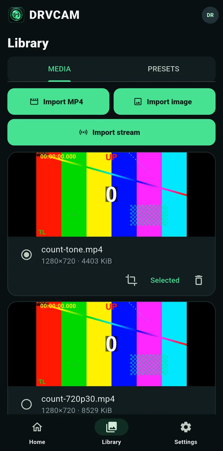 The DRVCAM Library Media tab with Import MP4, Import image and Import stream buttons and imported videos below