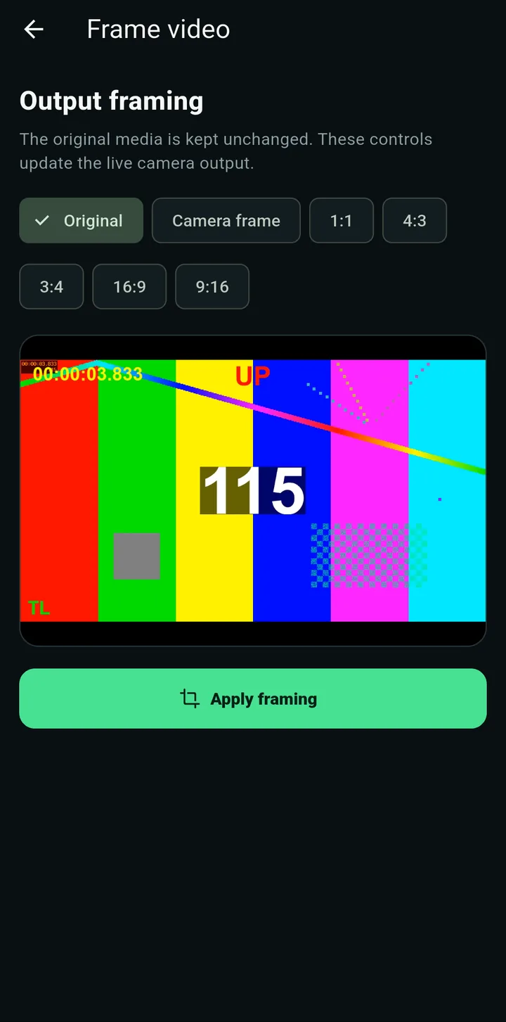 The Frame video screen with Original, Camera frame, 1:1, 4:3, 3:4, 16:9 and 9:16 options and an Apply framing button