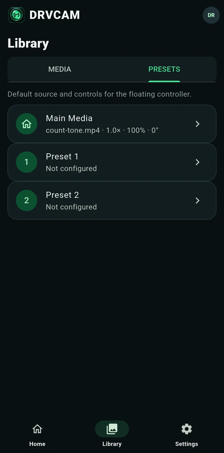 The Presets tab listing Main Media, Preset 1 and Preset 2
