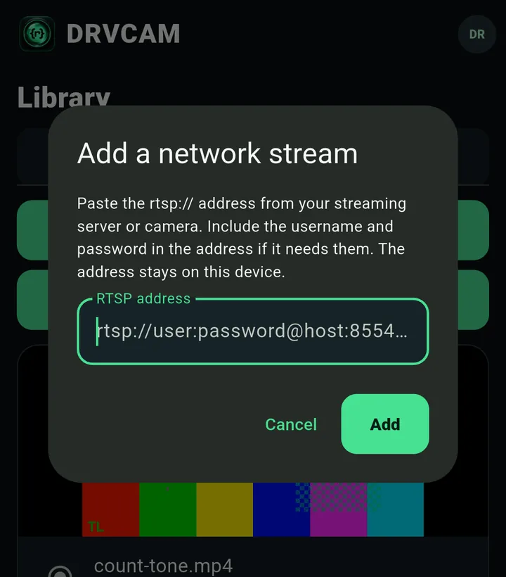 The Add a network stream dialog asking for an RTSP address
