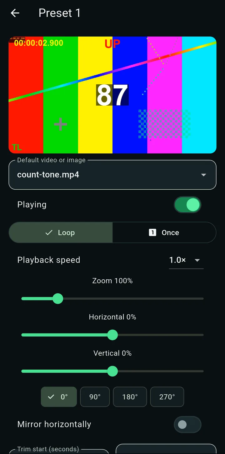 The Preset editor with a live preview, source picker, Playing switch, Loop or Once, playback speed, zoom and position sliders