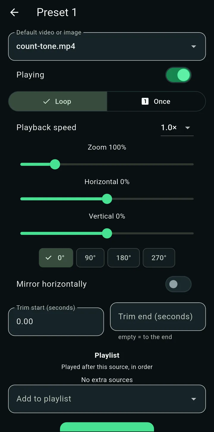 The lower part of the Preset editor with Mirror horizontally, trim start and end, a playlist and a Save complete preset button