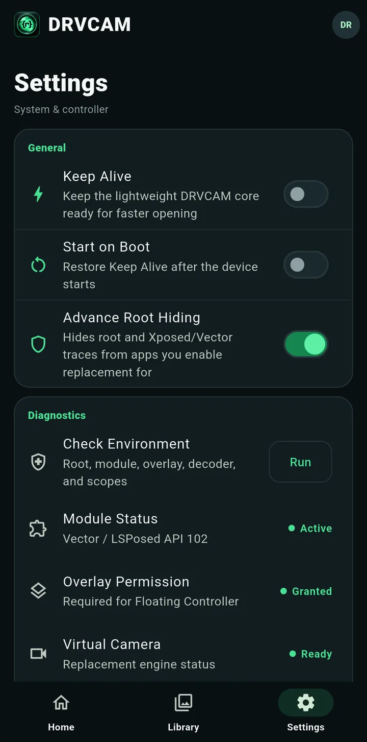 The Settings screen with Keep Alive, Start on Boot, Advance Root Hiding and the Diagnostics list