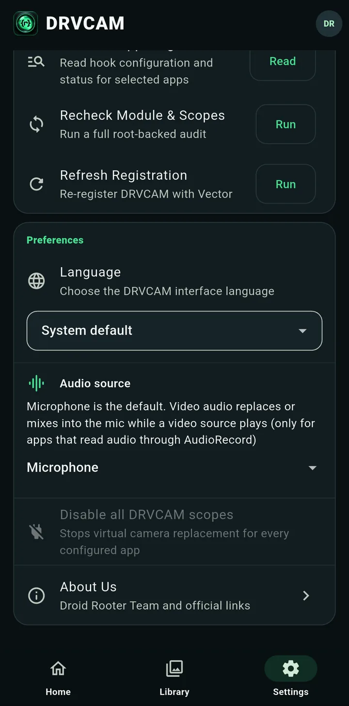 The lower part of Settings with Preferences, Language, Audio source, Disable all DRVCAM scopes and About Us