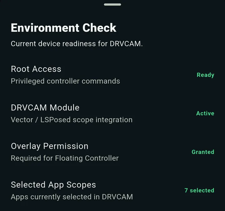 The DRVCAM Environment Check sheet showing Root Access Ready, DRVCAM Module Active, Overlay Permission Granted and 7 selected app scopes
