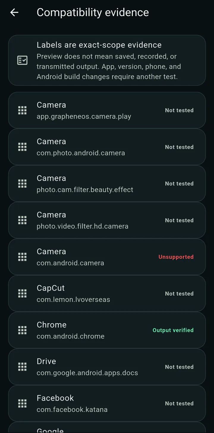 The Compatibility evidence list showing apps with labels such as Not tested, Unsupported and Output verified