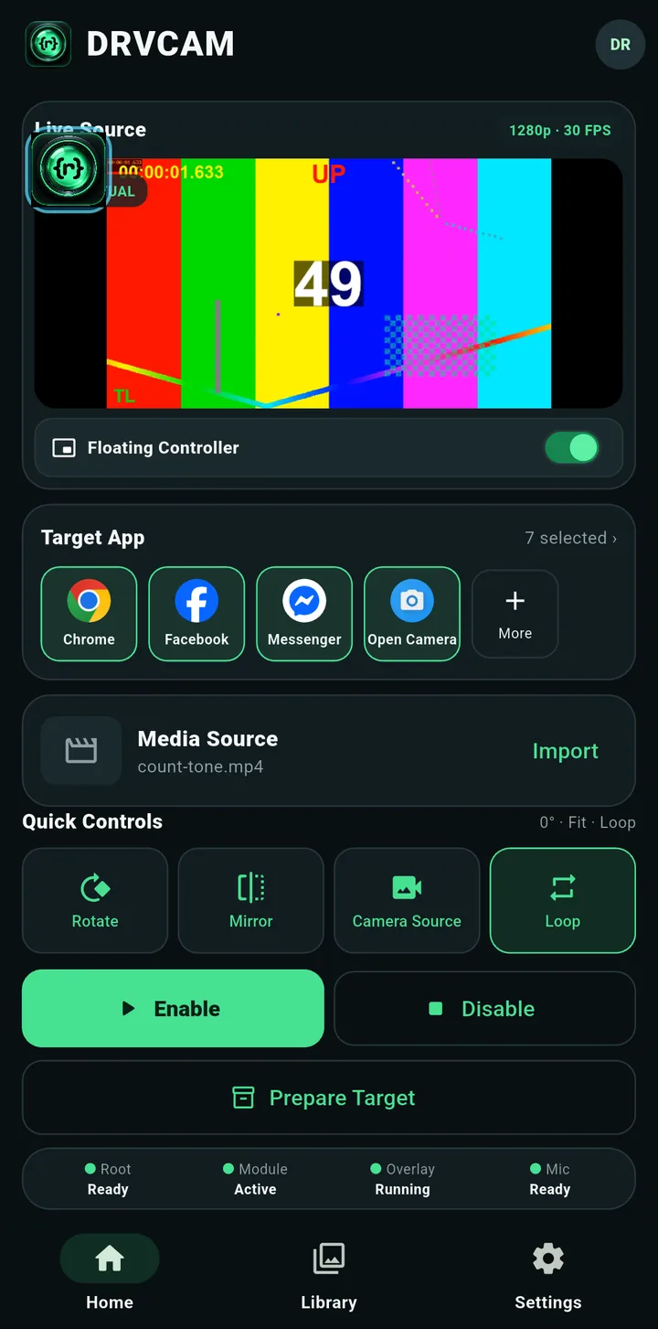 The Home screen with the Floating Controller switch turned on and Overlay Running in the status strip