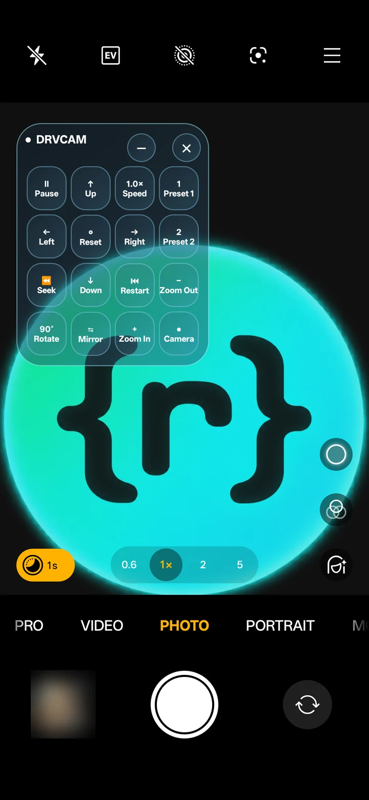 The DRVCAM floating controller open over a camera app that shows the DRVCAM feed