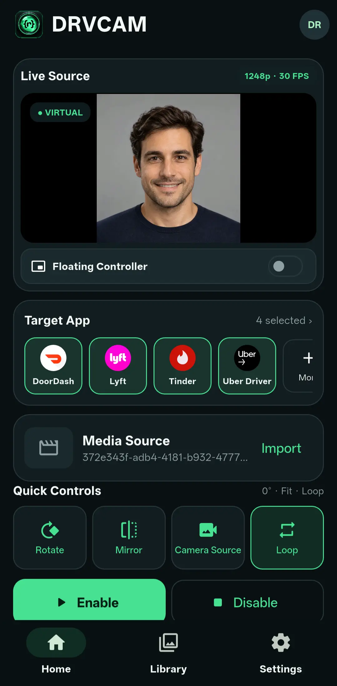 The DRVCAM Home screen with a live virtual source and four target apps selected