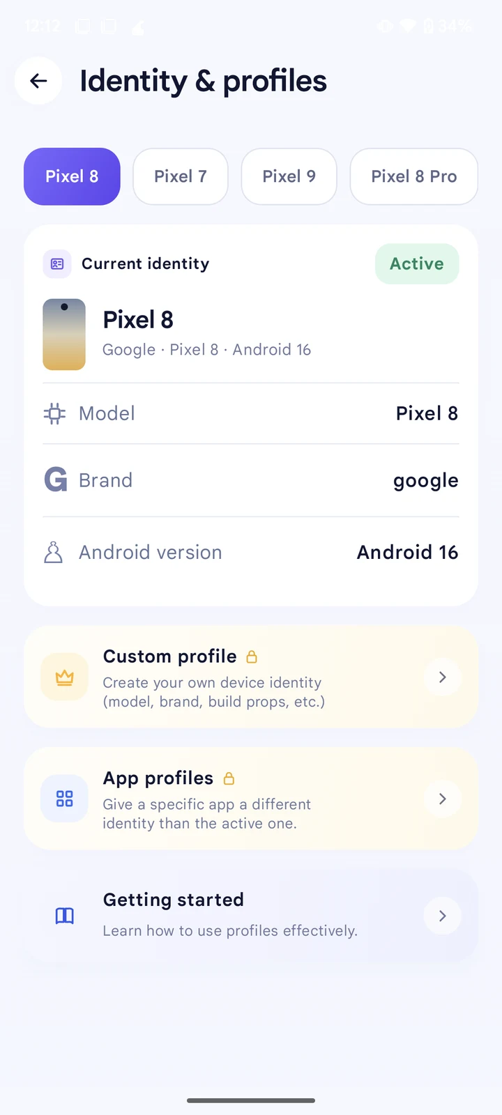Identity and Profiles-Bildschirm mit Pixel 8, Pixel 7, Pixel 9 und Pixel 8 Pro als wählbare Geräteprofile