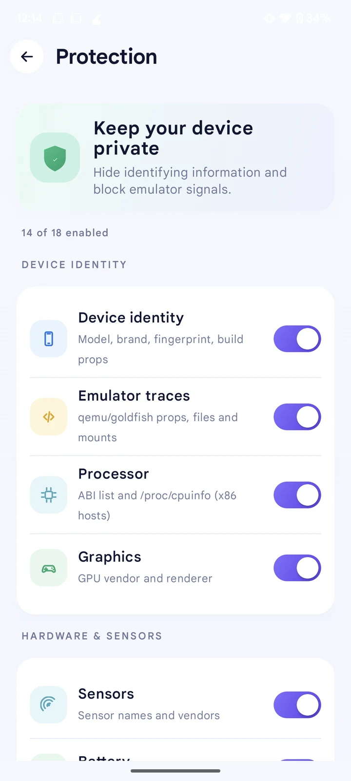 Protection-Bildschirm mit den eingeschalteten Schaltern für Device identity, Emulator traces, Processor und Graphics